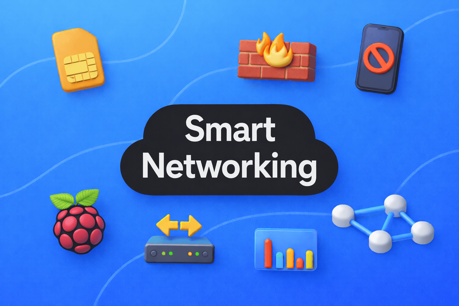 Banner „Smart Networking“ mit Icons für SIM-Karte, Firewall, Netzwerksperre, Raspberry Pi, NAT-Router, Mesh-Netzwerk und Statistik-Dashboard auf blauem Hintergrund.